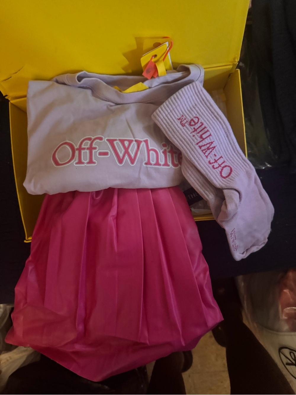 Off-White Kids Lavender Logo Top with Hot Pink Pleated Dress